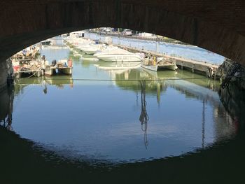 High angle view of boats moored in lake