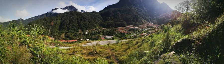 Panoramic view of green landscape against sky