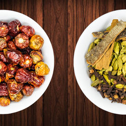 High angle view of meal served on table