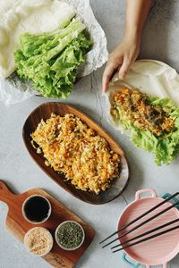 High angle view of food in bowl on table