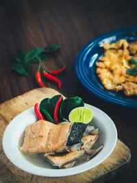 High angle view of food in plate on table