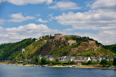 Scenic view of river rhine towards fortress ehrenbreitstein in koblenz