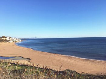 Scenic view of beach against clear blue sky