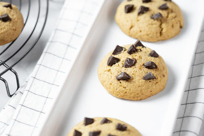 High angle view of cookies in plate