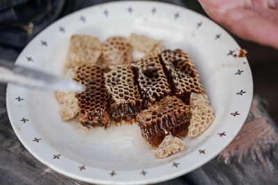 High angle view of honey comb in plate on table