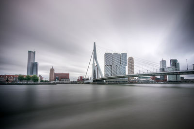 Beautiful long exposure photo of erasmusbrug and kop van zuid in rotterdam