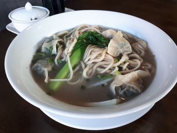 High angle view of soup in bowl on table