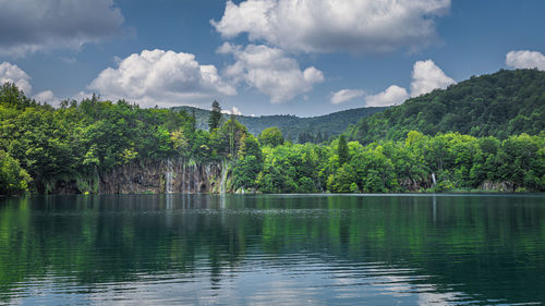 Scenic view of lake by trees against sky