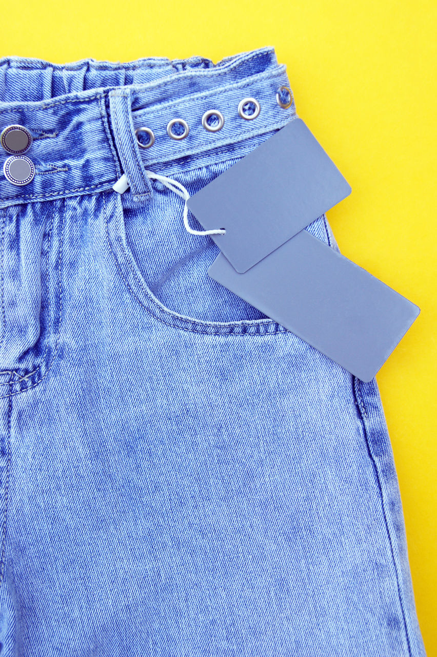 jeans, blue, denim, casual clothing, textile, clothing, pocket, fashion, indoors, studio shot, close-up, no people, azure, yellow, pattern, shorts