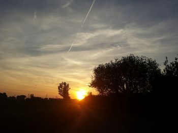 Silhouette trees on landscape against sky during sunset