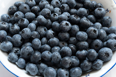 High angle view of blueberries in bowl