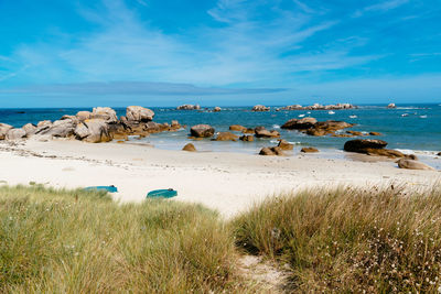 Empty blue sea and white sand beach background with copy space. brittany