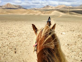 Woman riding horse in desert