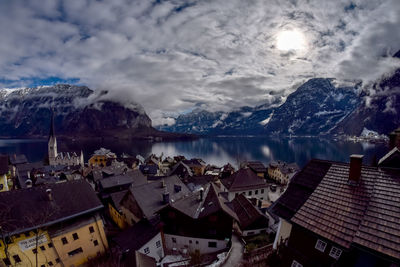 Aerial view of buildings against cloudy sky