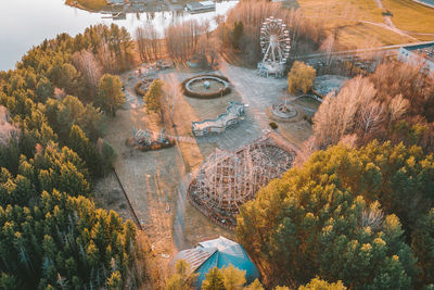 High angle view of trees in city during autumn