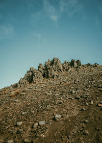 Low angle view of rock formations against sky