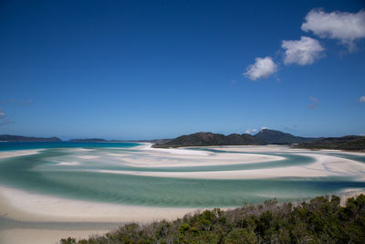 Scenic view of beach against blue sky