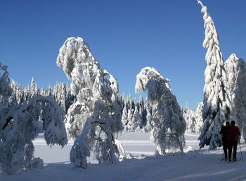 Panoramic view of snow covered landscape against clear blue sky