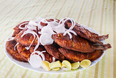 High angle view of dessert in plate on table