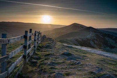 Scenic view of mountains against sky during sunset