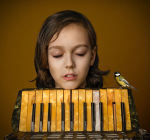 Close-up of a kid near accordion keys with the tit bird