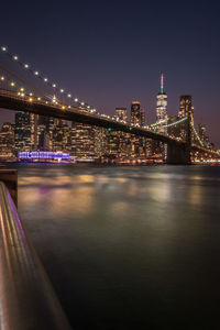 Illuminated bridge over river in city at night