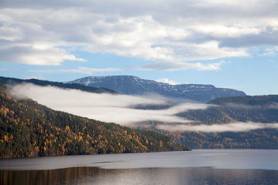 Calm lake against countryside landscape