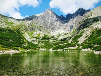 Scenic view of lake with mountains in background