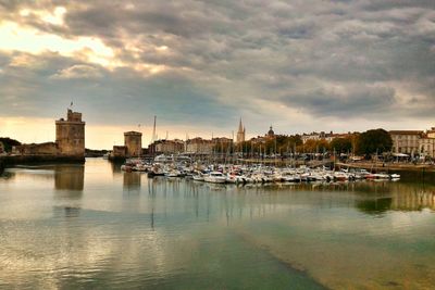 Boats moored in river against cloudy sky