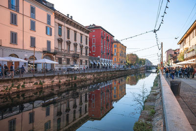 Reflection of buildings on canal in city