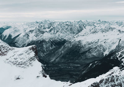 Scenic view of snowcapped mountain range against sky