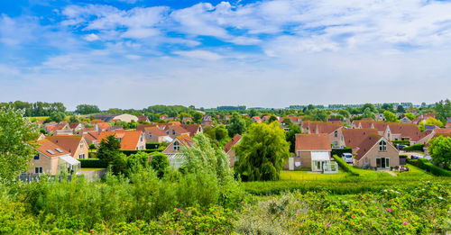 Houses and trees on field against sky