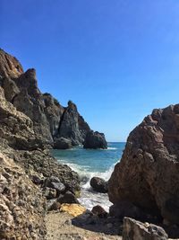 Rocks on beach against clear blue sky