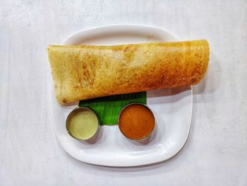 High angle view of breakfast served on table