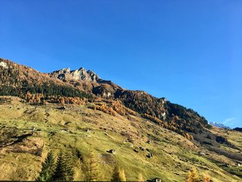 Scenic view of mountains against clear blue sky