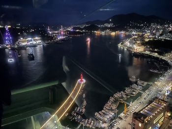 High angle view of illuminated city buildings