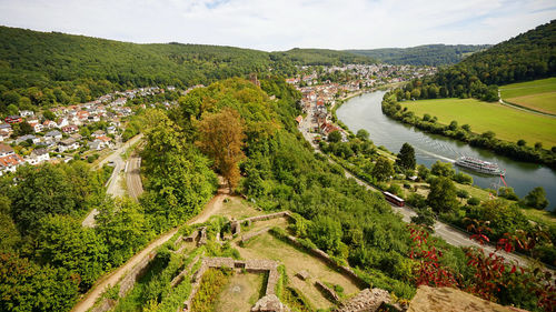 High angle view of road amidst plants and trees against sky