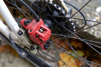 Close-up of bicycle on chain
