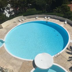 High angle view of swimming pool in yard