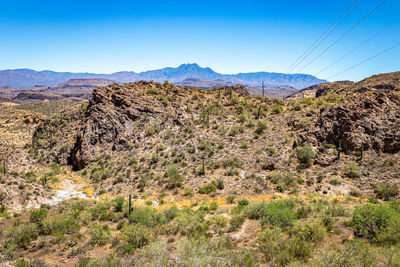 Scenic view of landscape and mountains against blue sky