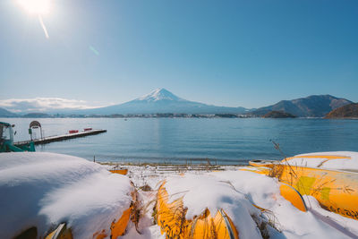 Scenic view of sea and mountains against blue sky