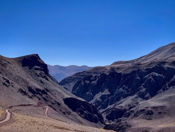 Scenic view of mountains against clear blue sky