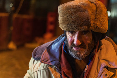 Close-up of man wearing hat during winter