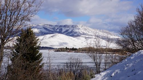 Scenic view of snowcapped mountains and lake against sky