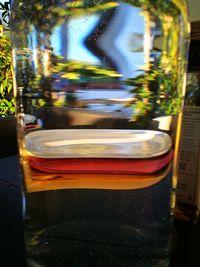 Close-up of beer glass on table