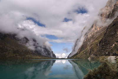 Scenic view of lake and mountains against sky