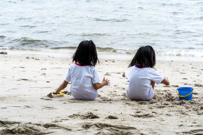 Rear view of people sitting on beach