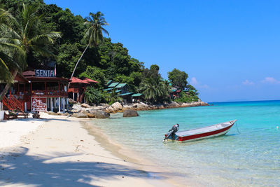 Man on beach against clear sky