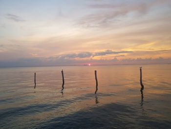Wooden posts in sea against sky during sunset