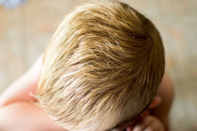 High angle view of blond boy